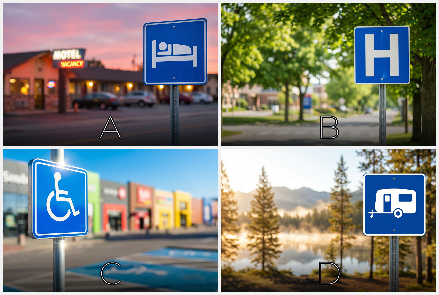 Which of these signs directs you to a hospital?